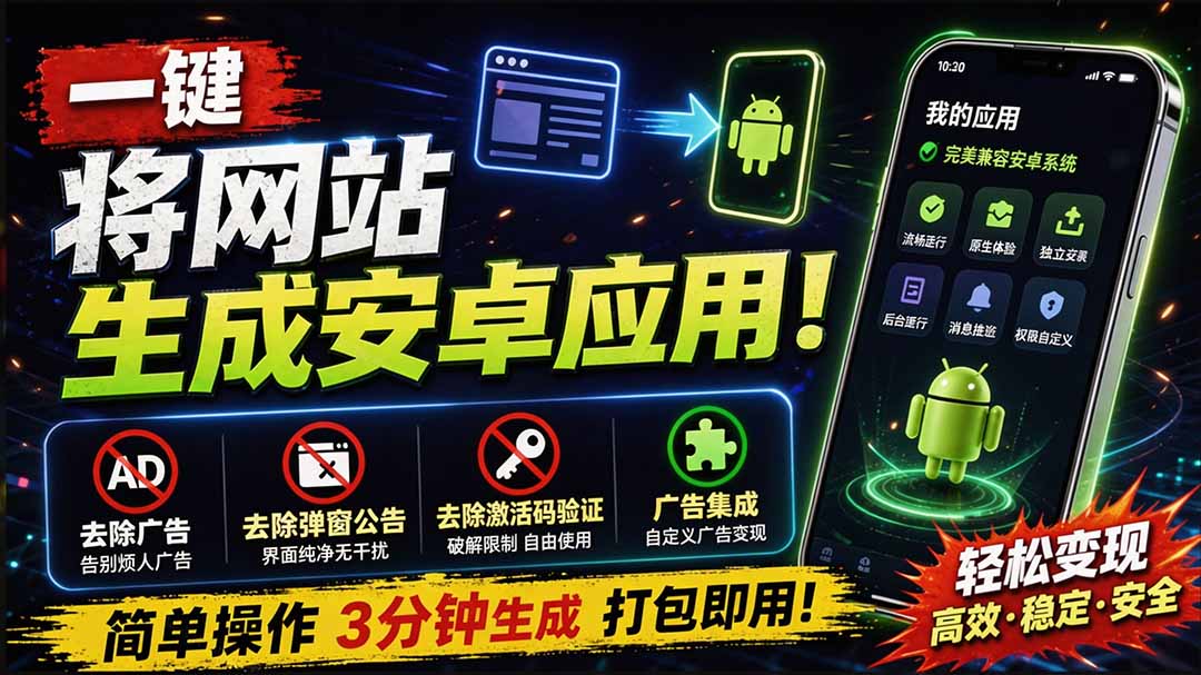 目前最好用,一键将网站生成安卓应用!支持去除广告、弹窗公告、激活码验证、广告集成等 web-to-app-娜娜项目网