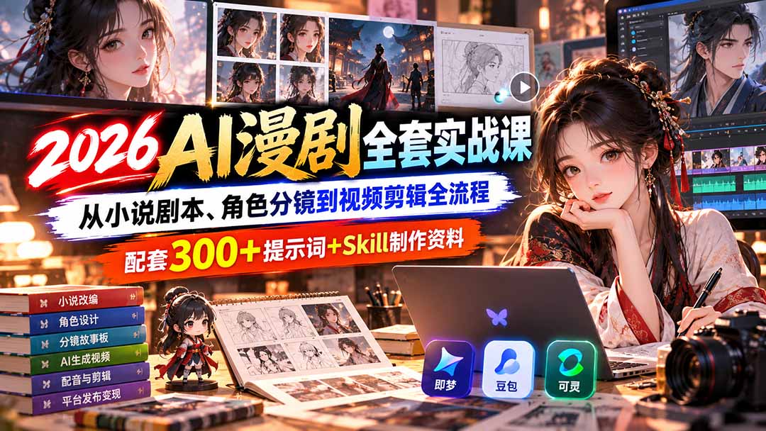 2026AI漫剧全套实战课:从小说剧本、角色分镜到视频剪辑全流程,配套300+提示词+Skill制作资料-娜娜项目网