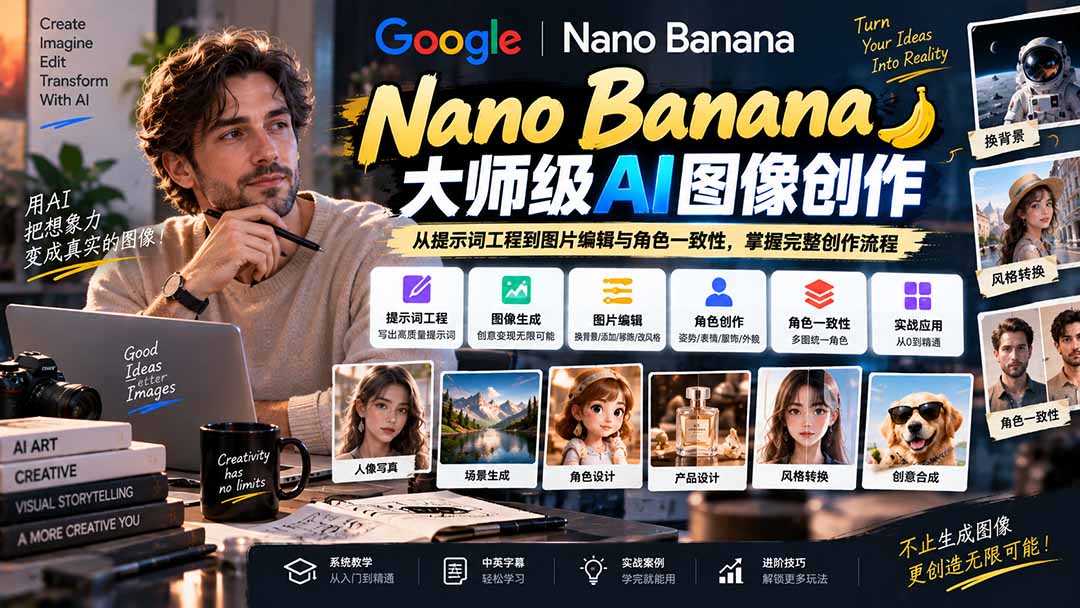 【无水印】Nano Banana大师级AI图像实战课:从提示词工程到图片编辑与角色一致性,掌握完整创作流程-娜娜项目网