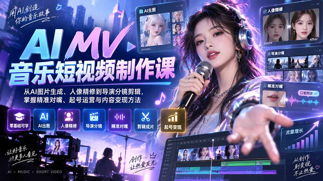 AI MV音乐短视频制作课:从AI图片生成、人像精修到导演分镜剪辑,掌握精准对嘴、起号运营与内容变现方法-娜娜项目网