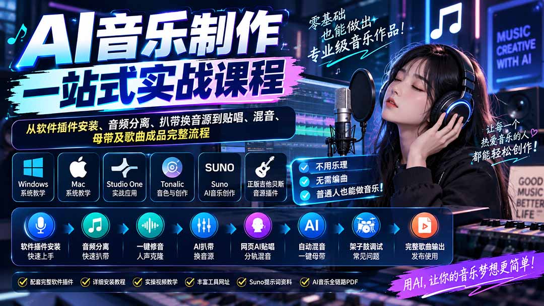 AI音乐制作一站式实战课程：从软件插件安装、音频分离、扒带换音源到贴唱、混音、母带及歌曲成品完整流程-娜娜项目网