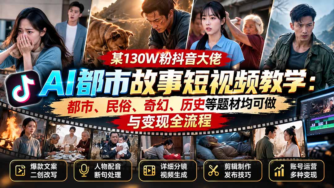 某130W粉抖音大佬AI都市故事短视频教学：都市、民俗、奇幻、历史等题材均可做与变现全流程-娜娜项目网