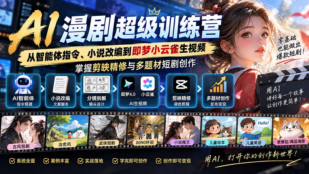 AI漫剧超级特训营：从智能体指令、小说改编到即梦小云雀生视频，掌握剪映精修与多题材短剧创作-娜娜项目网