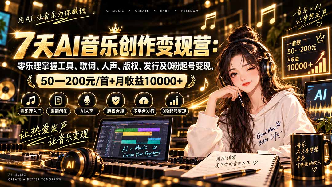 AI音乐创作变现营：零乐理掌握工具、歌词、人声、版权、发行及0粉起号变现，50—200元/首+月收益10000+-娜娜项目网