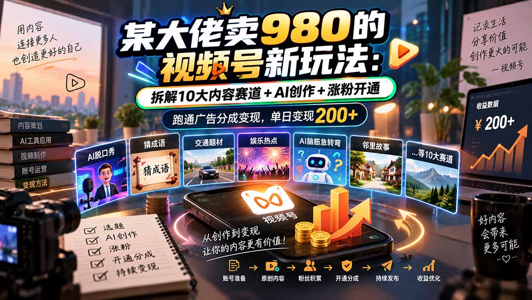 某大佬卖980的视频号新玩法:拆解10大内容赛道+AI创作+涨粉开通,跑通广告分成变现,单日变现200+-娜娜项目网