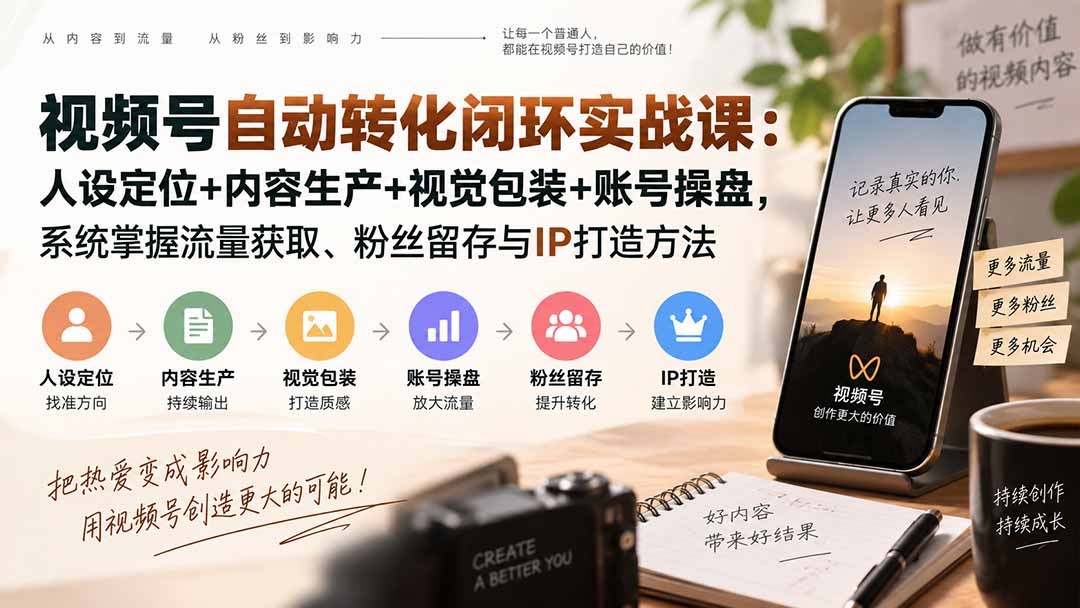 视频号自动转化闭环实战课:人设定位+内容生产+视觉包装+账号操盘,系统掌握流量获取、粉丝留存与IP打造方法-娜娜项目网