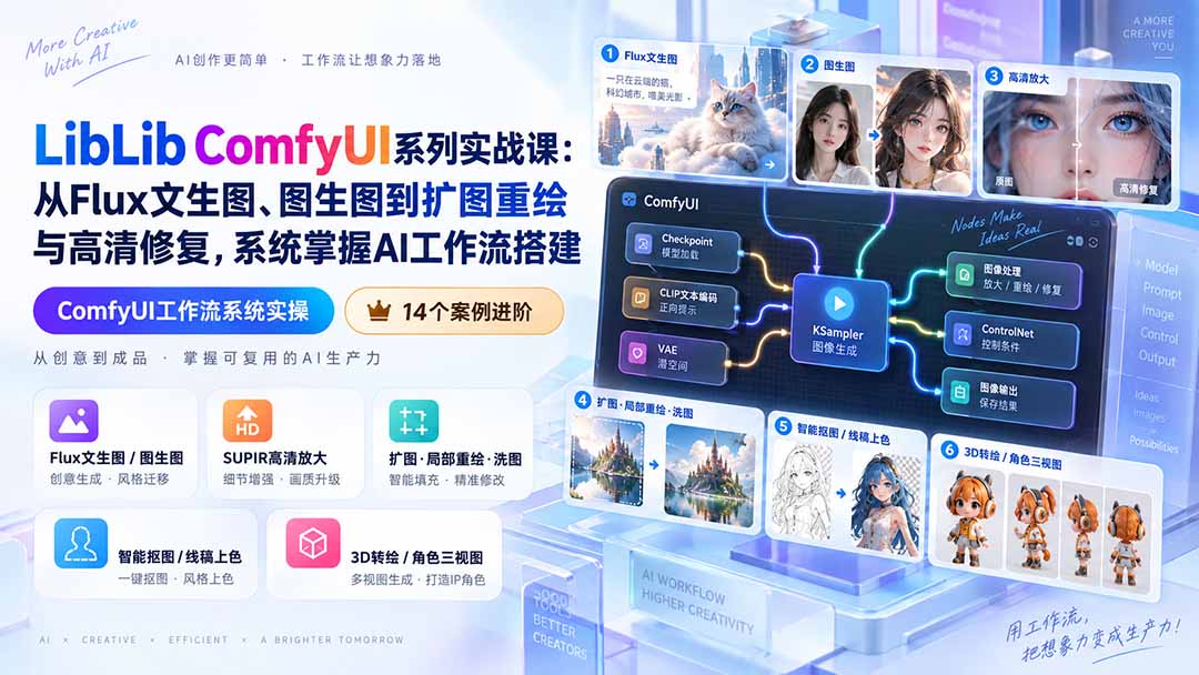 LibLib ComfyUI系列实战课:从Flux文生图、图生图到扩图重绘与高清修复,系统掌握AI工作流搭建-娜娜项目网