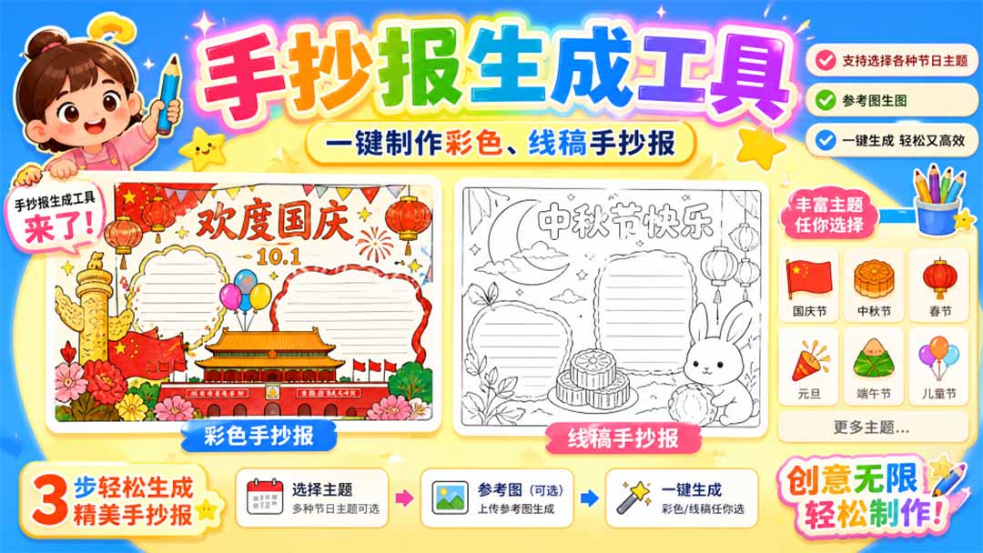手抄报批量生成工具来了,完全免费,告别豆包生图,这个高清无水印-娜娜项目网