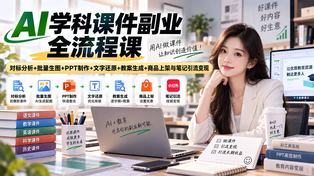 AI学科课件副业全流程课|对标分析+批量生图+PPT制作+文字还原+教案生成+商品上架与笔记引流变现-娜娜项目网