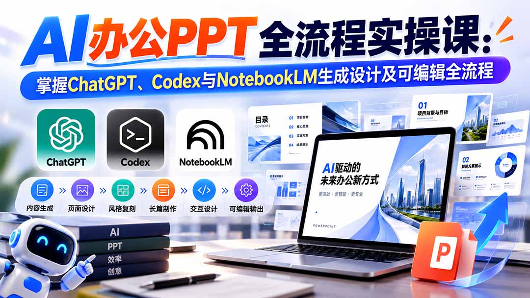 【无水印】AI办公PPT全流程实操课: 掌握ChatGPT、Codex与NotebookLM生成设计及可编辑全流程-娜娜项目网