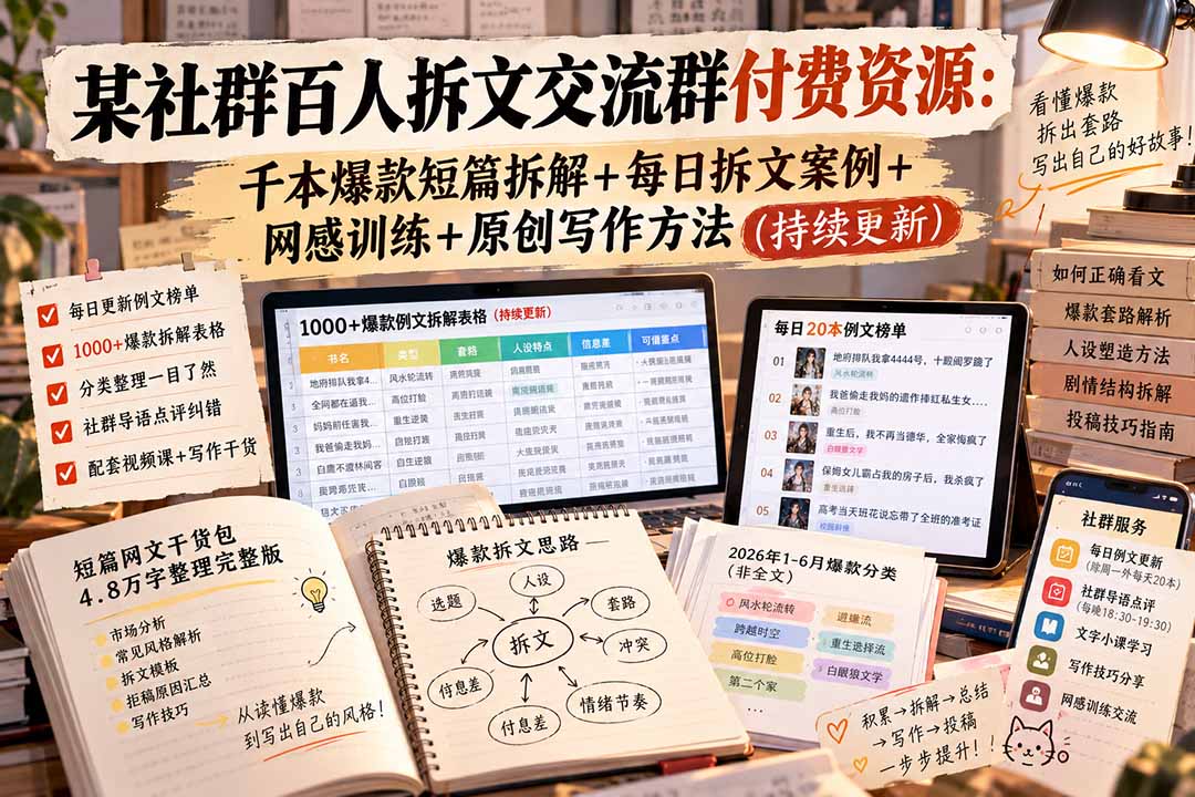 某社群百人拆文交流群付费资源:千本爆款短篇拆解+每日拆文案例+网感训练+原创写作方法 (持续更新)-娜娜项目网