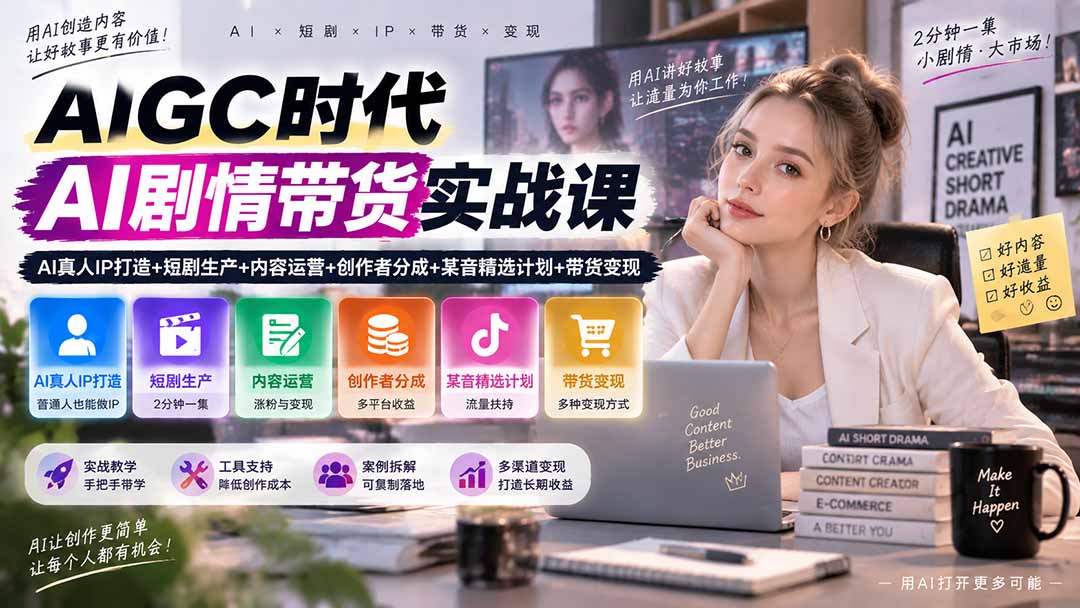 AIGC时代AI剧情带货实战课｜AI真人IP打造+短剧生产+内容运营+创作者分成、某音精选计划+带货变现-娜娜项目网