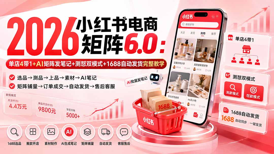2026小红书电商矩阵6.0：单店4带1+AI矩阵发笔记+测怼双模式+1688自动发货完整教学-娜娜项目网