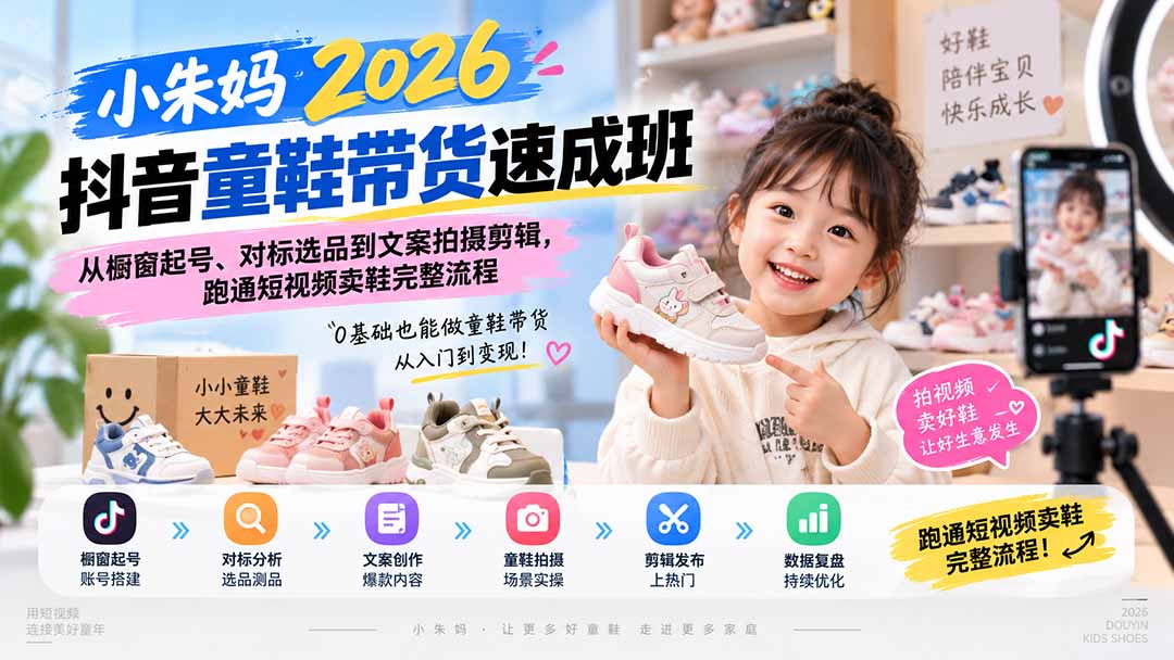 小朱妈2026抖音童鞋带货速成班:从橱窗起号、对标选品到文案拍摄剪辑,跑通短视频卖鞋完整流程-娜娜项目网