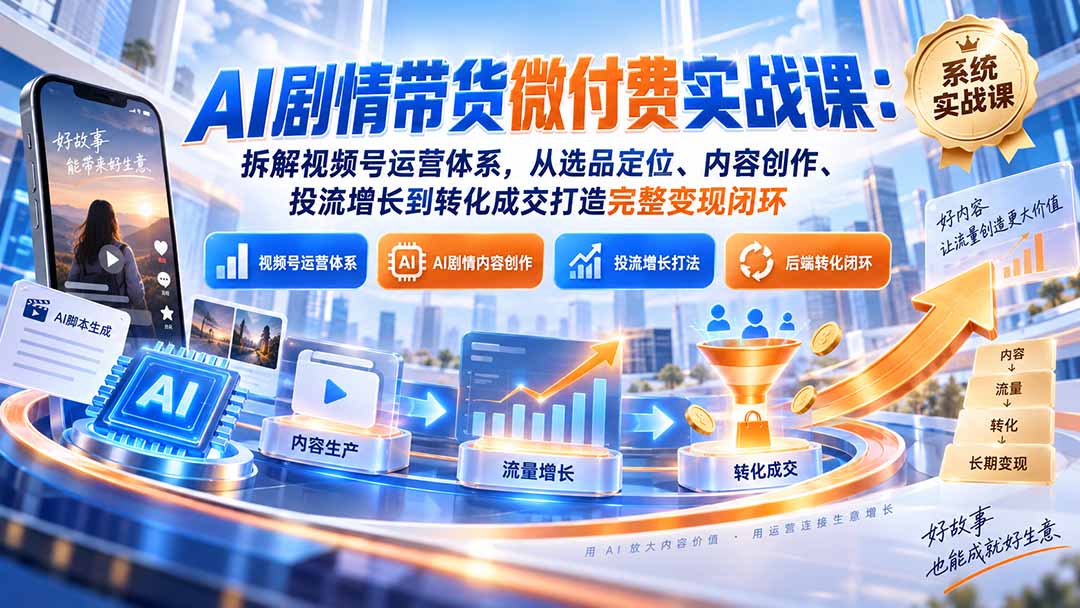 AI剧情带货微付费实战课:拆解视频号运营体系,从选品定位、内容创作、投流增长到转化成交打造完整变现闭环-娜娜项目网