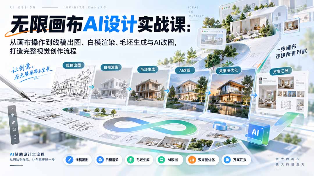 【无水印】无限画布AI设计实战课-更新:从画布操作到线稿出图、白模渲染、毛坯生成与AI改图,打造完整视觉创作流程-娜娜项目网