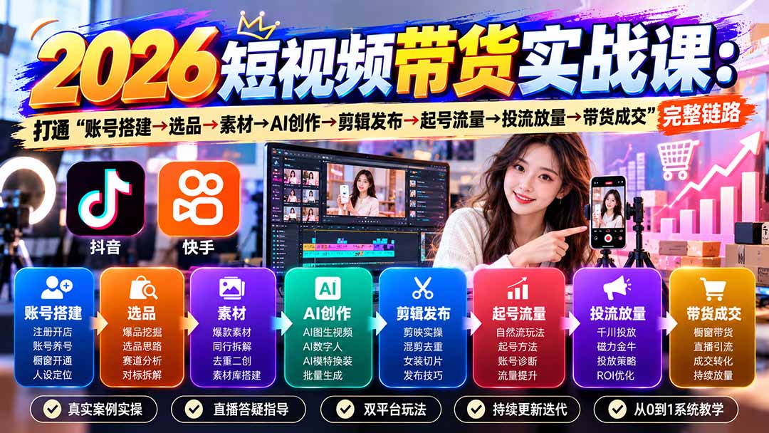 2026短视频带货实战课9月:打通“账号搭建→选品→素材→AI创作→剪辑发布→起号流量→投流放量→带货成交”完整链路-娜娜项目网