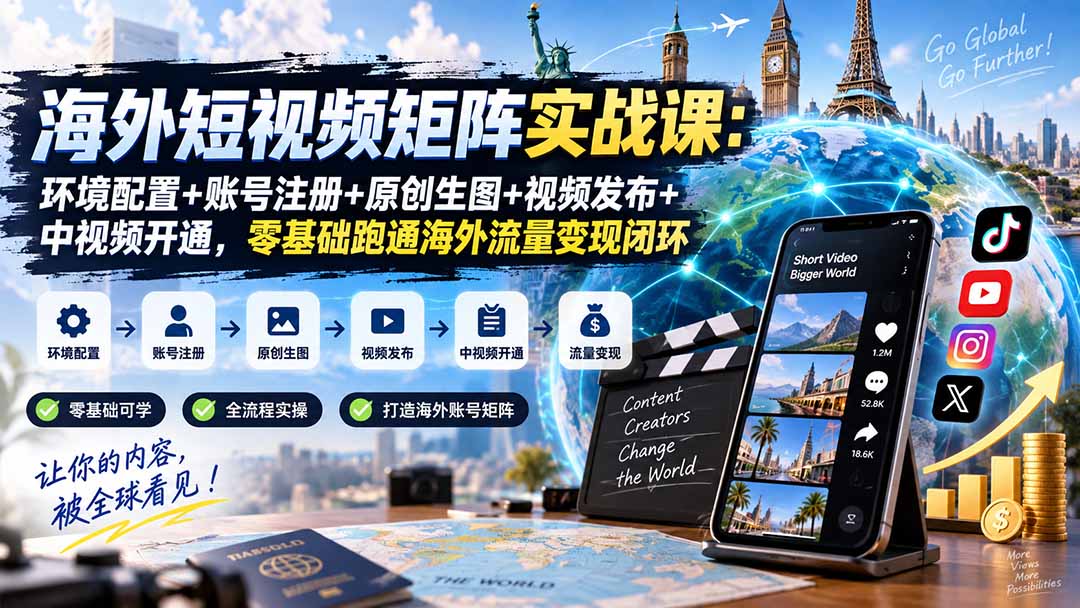海外短视频矩阵实战课:环境配置+账号注册+原创生图+视频发布+中视频开通,零基础跑通海外流量变现闭环-娜娜项目网