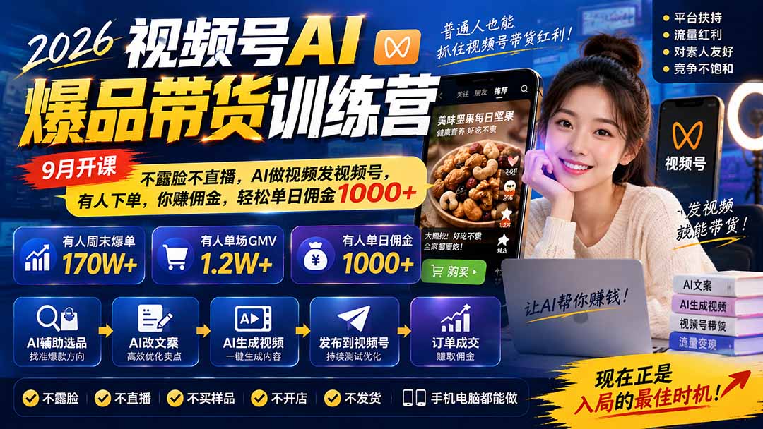 图片[1]-2026视频号AI爆品带货训练营-9月开课｜不露脸不直播，AI做视频发视频号，有人下单，你赚佣金，轻松单日佣金1000+-娜娜项目网