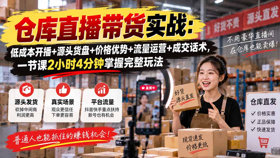 仓库直播带货实战:低成本开播+源头货盘+价格优势+流量运营+成交话术,一节课2小时4分钟掌握完整玩法-娜娜项目网