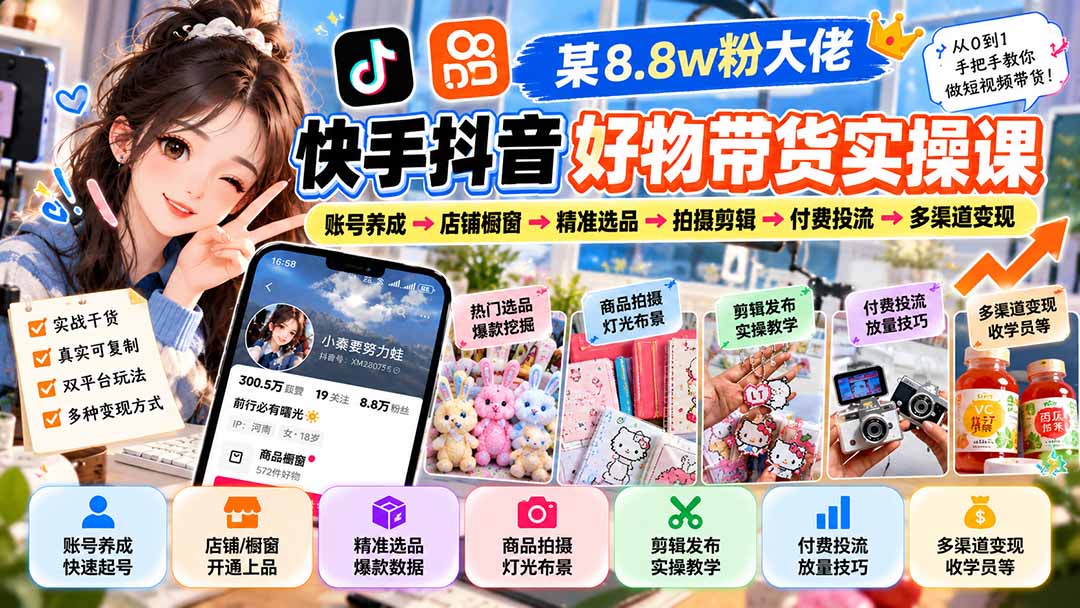 某8.8w粉大佬快手抖音好物带货实操课:账号养成→店铺橱窗→精准选品→拍摄剪辑→付费投流→多渠道变现-娜娜项目网