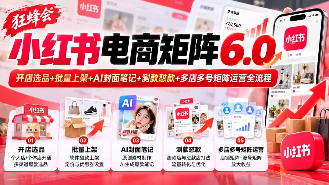 【无水印】狂蜂会小红书电商矩阵6.0:开店选品+批量上架+AI封面笔记+测款怼款+多店多号矩阵运营全流程-娜娜项目网