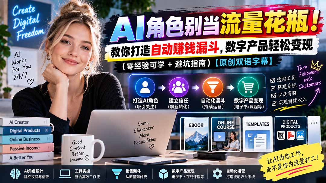 AI角色别当流量花瓶!教你打造自动赚钱漏斗,数字产品轻松变现(零经验可学+避坑指南)【原创双语字幕】-娜娜项目网