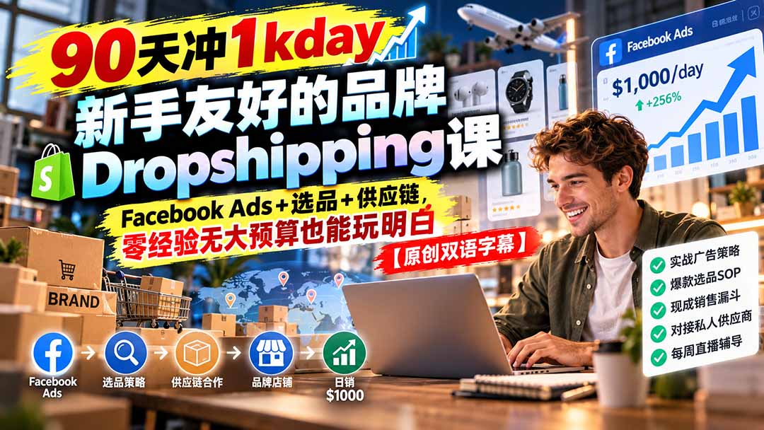 90天冲1kday 新手友好的品牌Dropshipping课:Facebook Ads+选品+供应链,零经验无大预算也能玩明白【原创双语字幕】-娜娜项目网
