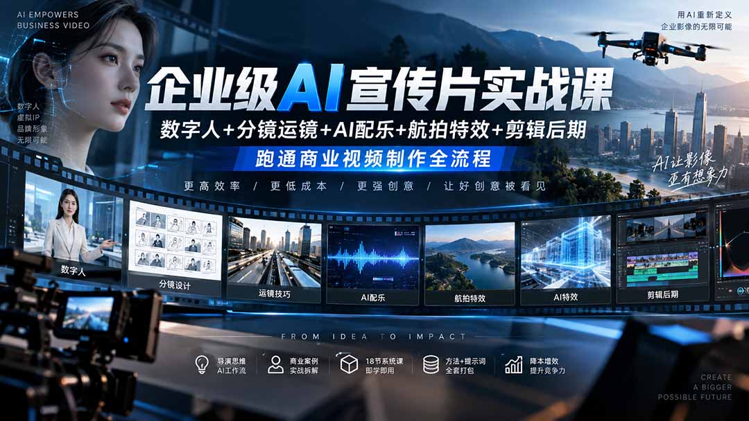 企业级AI宣传片实战课|数字人+分镜运镜+AI配乐+航拍特效+剪辑后期,跑通商业视频制作全流程-娜娜项目网