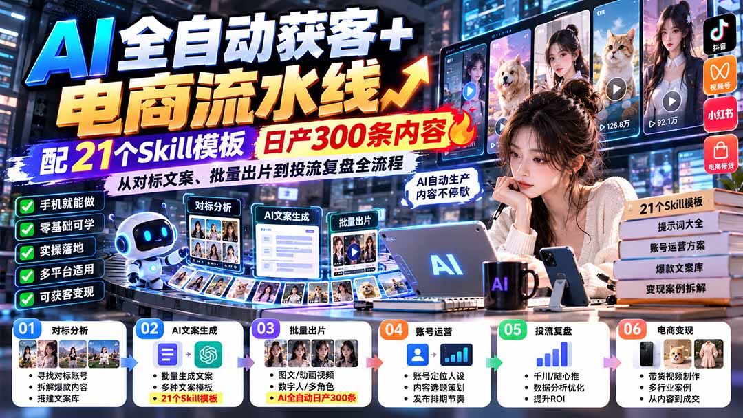 AI全自动获客+电商流水线:配21个Skill模板,日产300条内容,从对标文案、批量出片到投流复盘全流程-娜娜项目网