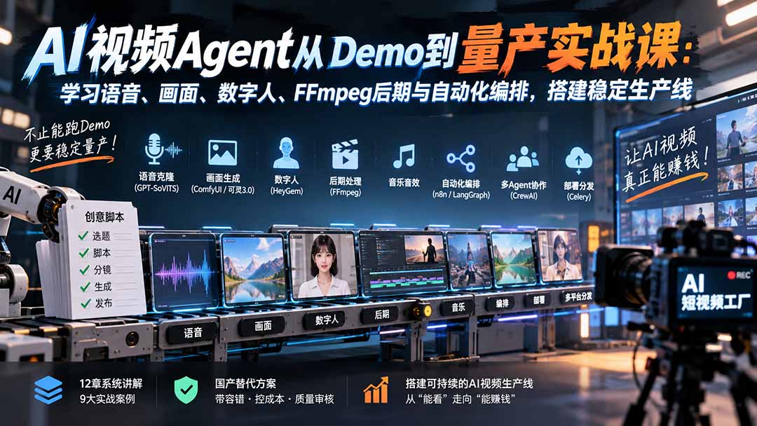 AI视频Agent从Demo到量产实战课：学习语音、画面、数字人、FFmpeg后期与自动化编排，搭建稳定生产线-娜娜项目网