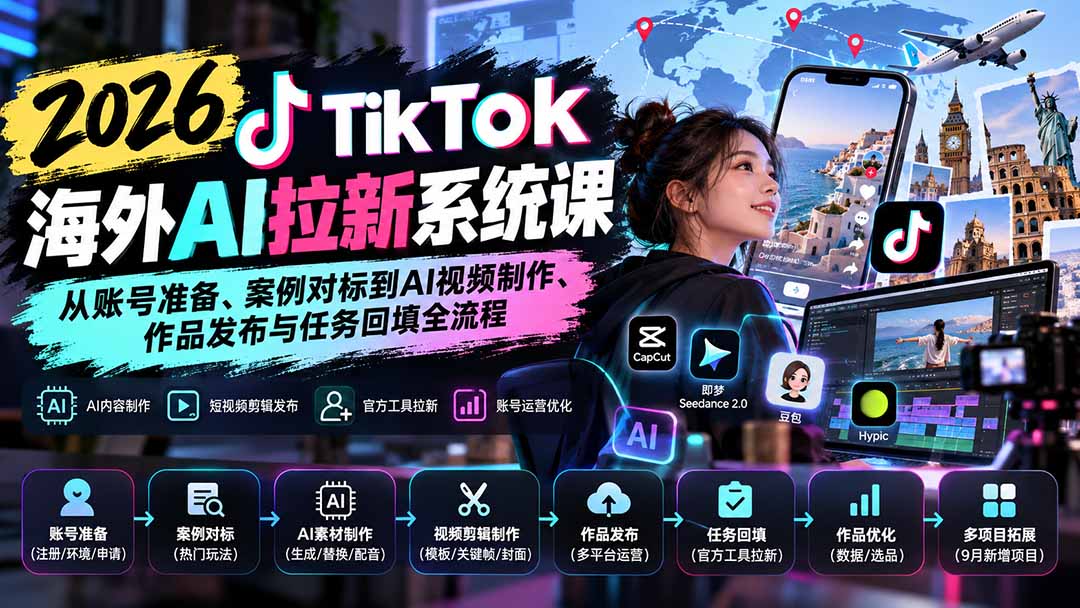 【无水印】2026 TikTok海外AI拉新系统课:从账号准备、案例对标到AI视频制作、作品发布与任务回填全流程-娜娜项目网