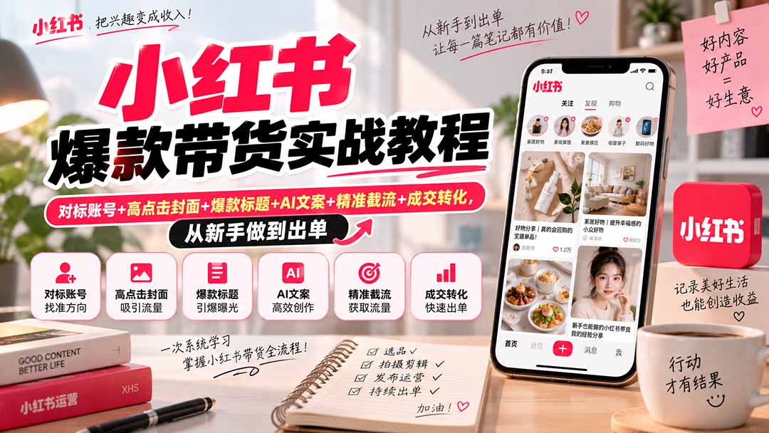 小红书爆款带货实战教程|对标账号+高点击封面+爆款标题+AI文案+精准截流+成交转化,从新手做到出单-娜娜项目网