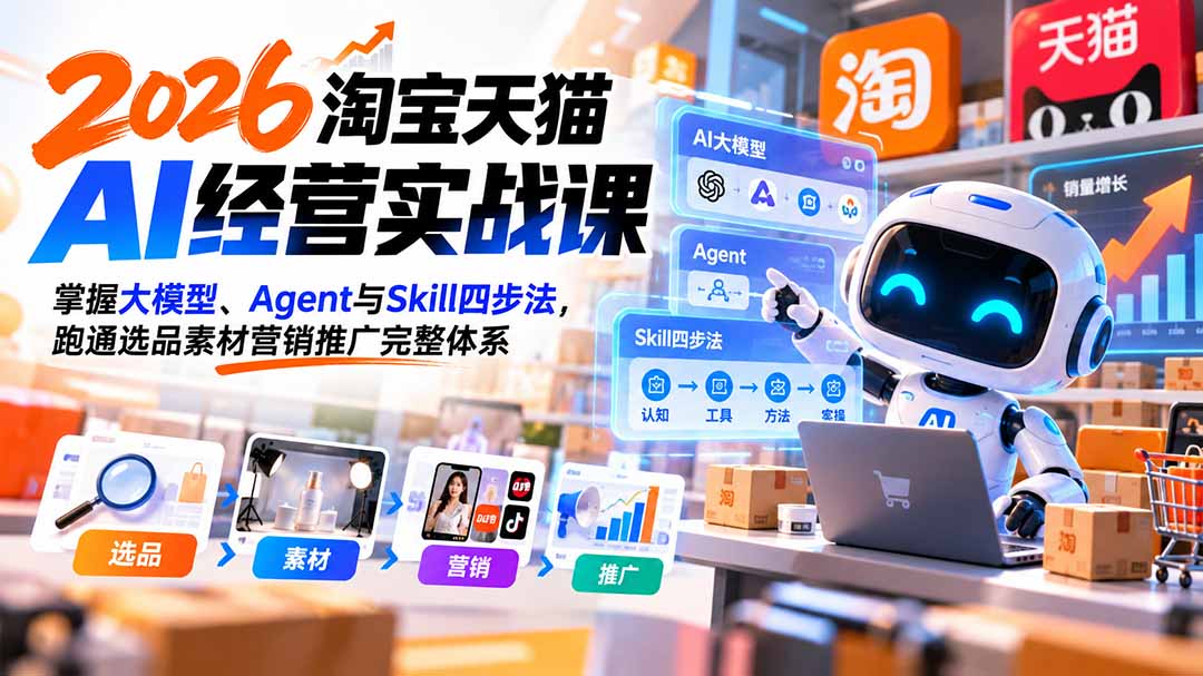 【无水印】2026淘宝天猫AI经营实战课：掌握大模型、Agent与Skill四步法，跑通选品素材营销推广完整体系-娜娜项目网