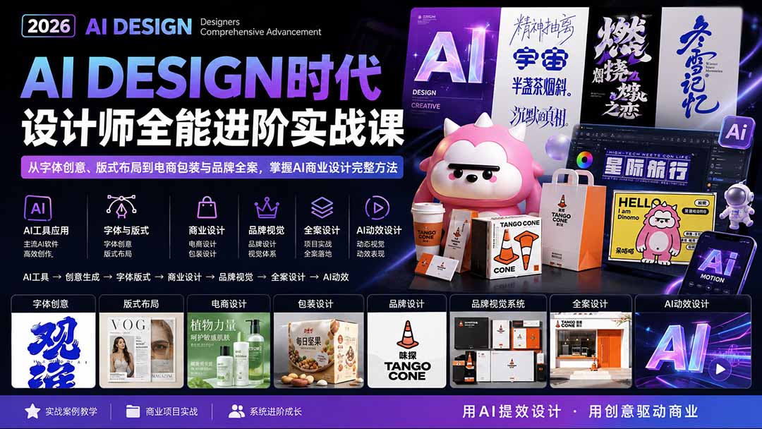 2026AI DESIGN时代设计师全能进阶实战课：从字体创意、版式布局到电商包装与品牌全案，掌握AI商业设计完整方法-娜娜项目网
