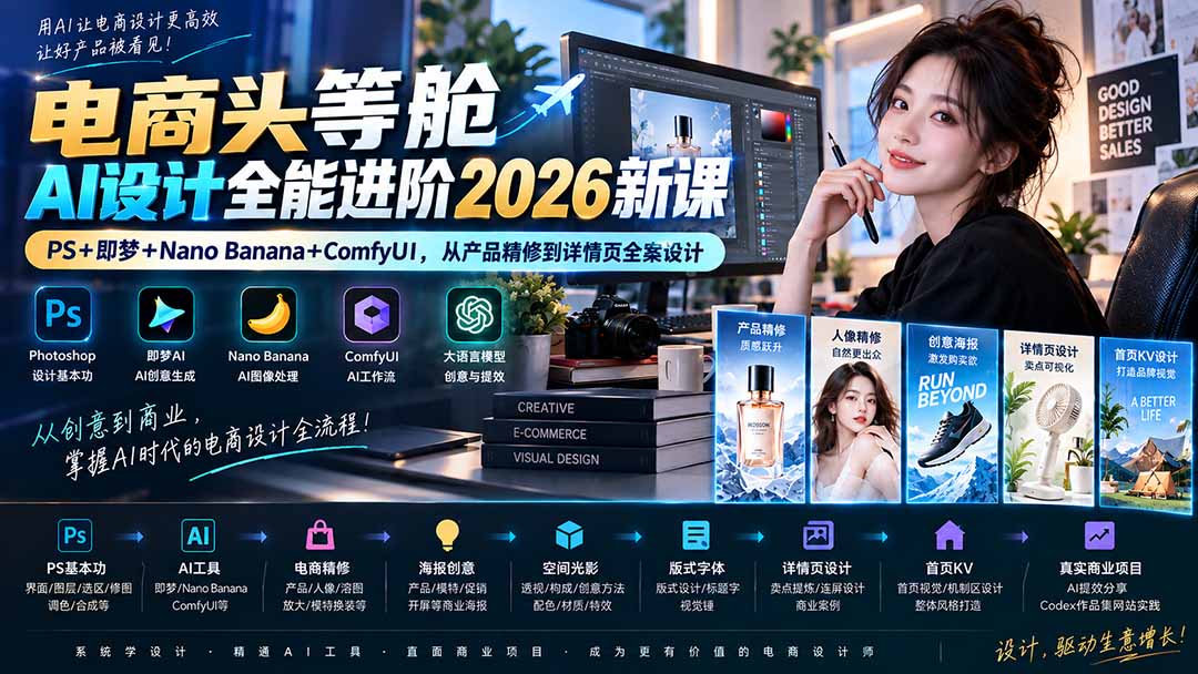 电商头等舱AI设计全能进阶2026新课:PS+即梦+Nano Banana+ComfyUI,从产品精修到详情页全案设计-娜娜项目网