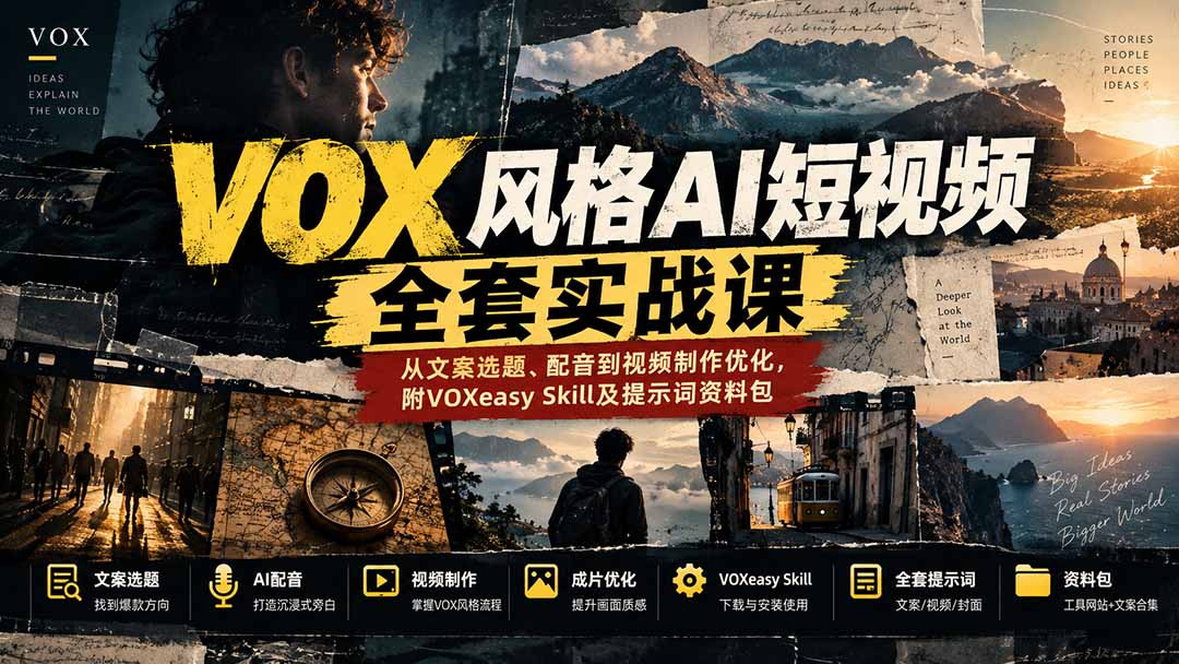 【无水印】VOX风格AI短视频全套实战课：从文案选题、配音到视频制作优化，附VOXeasy Skill及提示词资料包-娜娜项目网