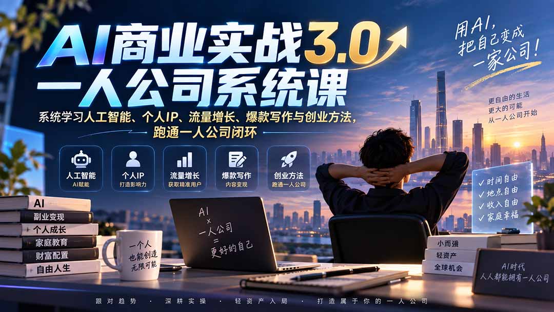 AI商业实战3.0一人公司系统课：系统学习人工智能、个人IP、流量增长、爆款写作与创业方法，跑通一人公司闭环-娜娜项目网
