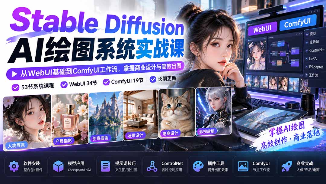 Stable Diffusion AI绘图系统实战课：从WebUI基础到ComfyUI工作流，掌握商业设计与高效出图-娜娜项目网