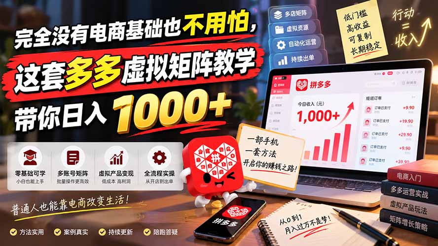 完全没有电商基础也不用怕，这套多多虚拟矩阵教学带你日入 1000+-娜娜项目网