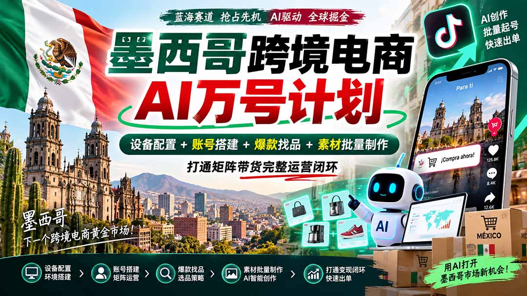 墨西哥AI跨境电商万号计划｜设备配置+账号搭建+爆款找品+素材批量制作，打通矩阵带货完整运营闭环-娜娜项目网