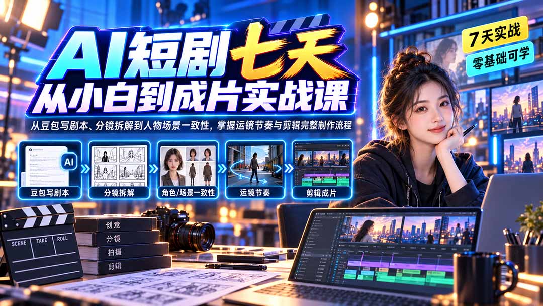 AI短剧七天从小白到成片实战课:从豆包写剧本、分镜拆解到人物场景一致性,掌握运镜节奏与剪辑完整制作流程-娜娜项目网
