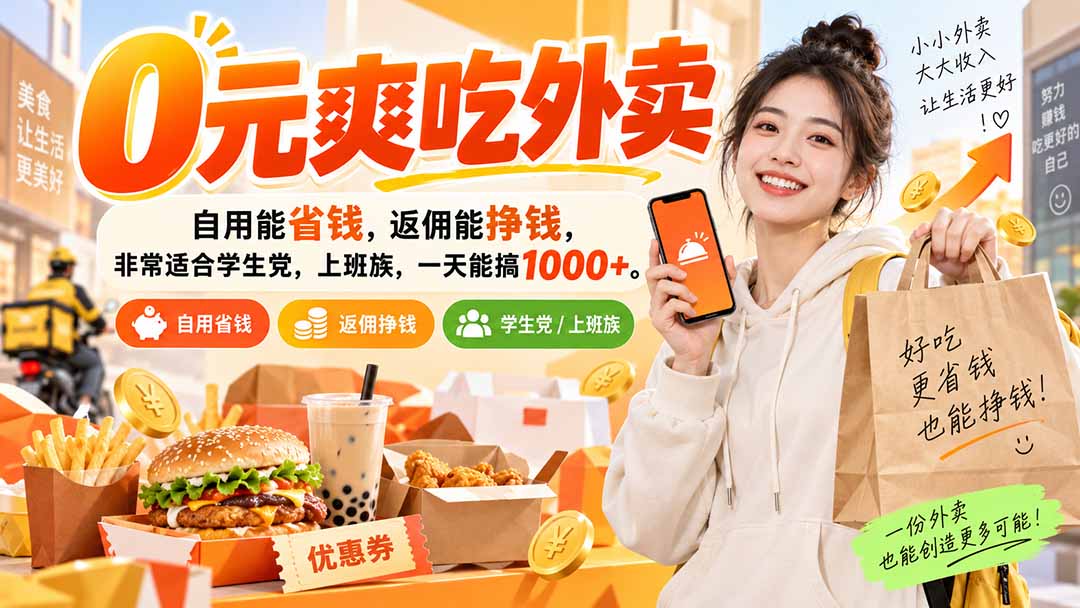0元爽吃外卖,自用能省钱,返佣能挣钱,非常适合学生党,上班族,一天能搞1000+-娜娜项目网