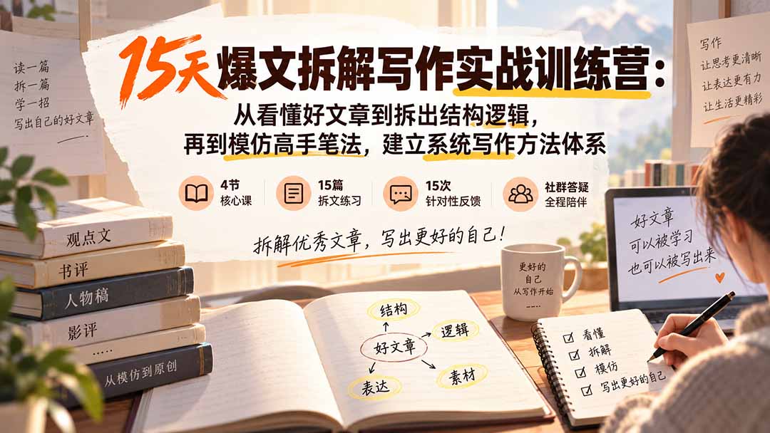 15天爆文拆解写作实战训练营:从看懂好文章到拆出结构逻辑,再到模仿高手笔法,建立系统写作方法体系-娜娜项目网