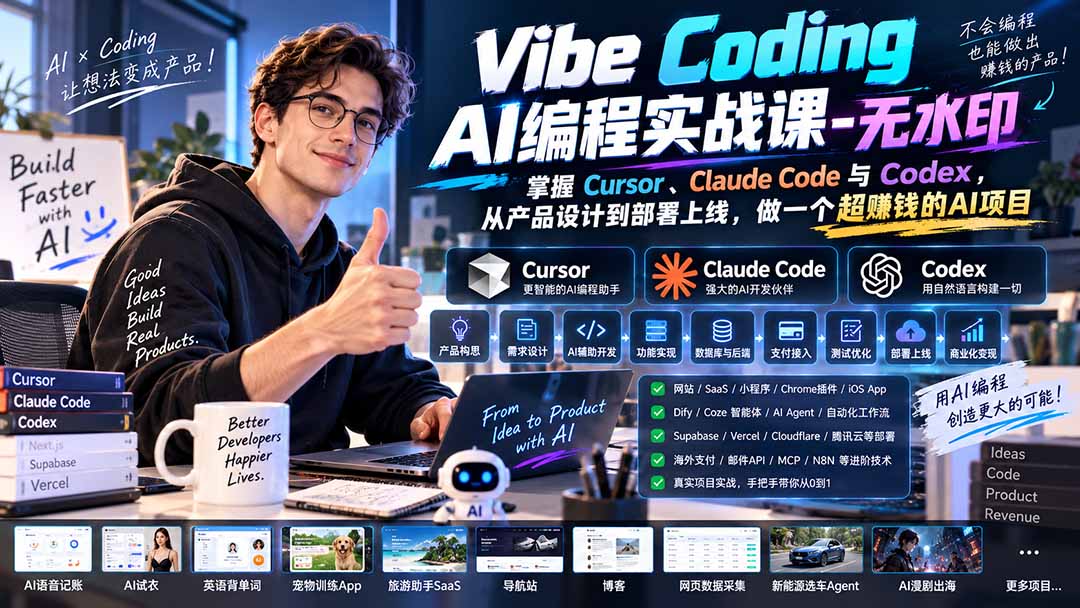 Vibe Coding AI编程实战课-无水印：掌握Cursor、Claude Code与Codex，从产品设计到部署上线，做一个超赚钱的AI项目-娜娜项目网