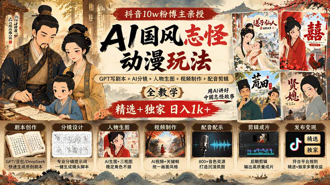 抖音10w粉博主亲授AI国风志怪动漫玩法|GPT写剧本+AI分镜+人物生图+视频制作+配音剪辑全教学|精选+独家日入1k+-娜娜项目网