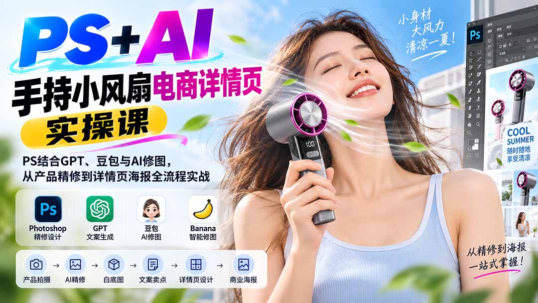 PS+AI手持小风扇电商详情页实操课：PS结合GPT、豆包与AI修图，从产品精修到详情页海报全流程实战-娜娜项目网