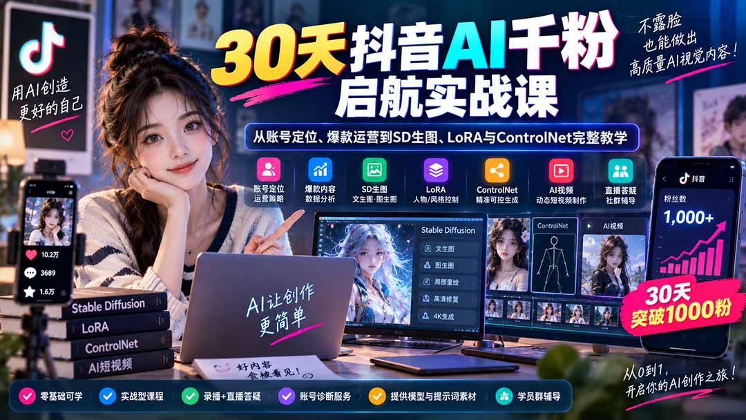 30天抖音AI千粉启航实战课:从账号定位、爆款运营到SD生图、LoRA与ControlNet完整教学-娜娜项目网