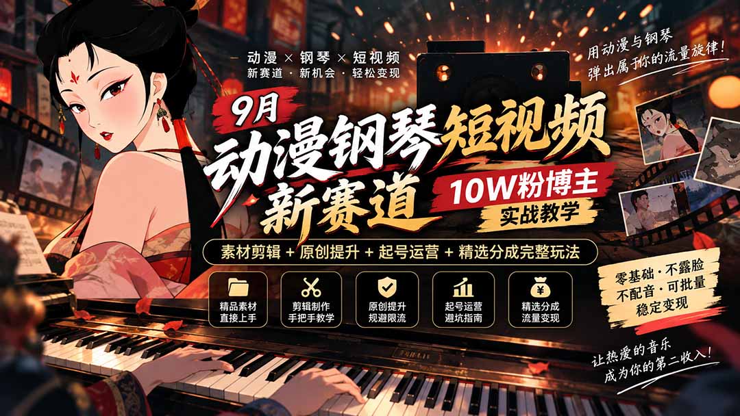 9月动漫钢琴短视频新赛道｜10W粉博主实战教学，素材剪辑+原创提升+起号运营+精选分成完整玩法-娜娜项目网