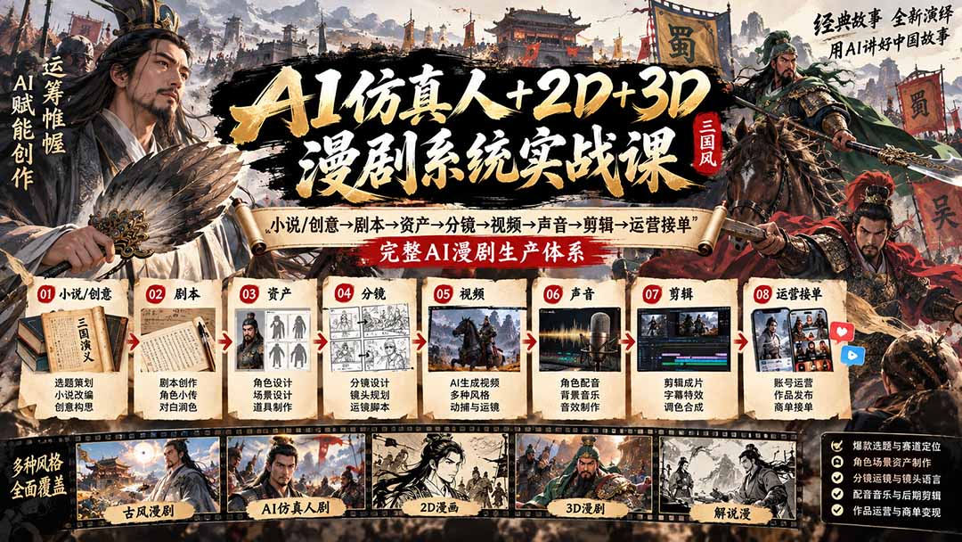 AI仿真人+2D+3D漫剧系统实战课：小说/创意→剧本→资产→分镜→视频→声音→剪辑→运营接单，完整AI漫剧生产体系-娜娜项目网
